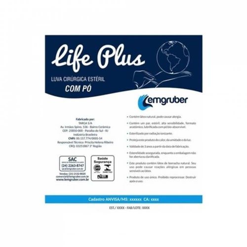 Luvas de Procedimentos Cirúrgicas Lemgruber Life Plus Par Tamanho 7,5