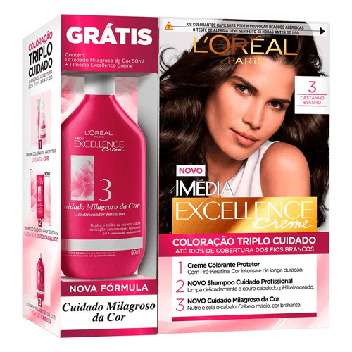 Kit Tintura Creme Imédia Excellence 3 Castanho Escuro + Creme de Tratamento 50ml