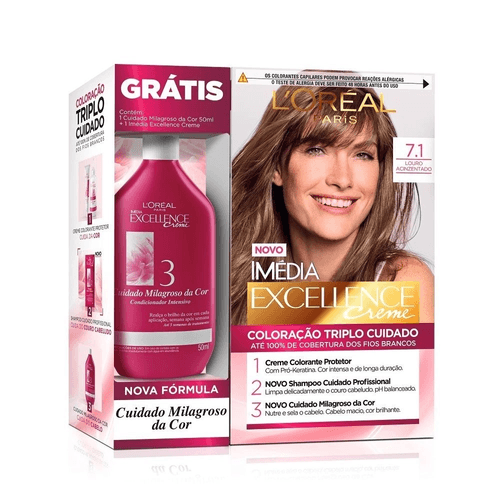Kit Tintura Creme Imédia Excellence 7.1 Louro Acinzentado + Creme de Tratamento 50ml