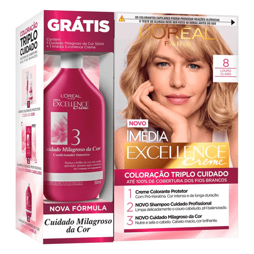 Kit Tintura Creme Imédia Excellence 8.0 Louro Claro + Creme de Tratamento 50ml