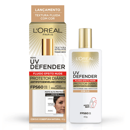 Protetor Solar Facial L'oreal FPS60 UV Defender Fluido Nude FPS60 Cor 3.0 40g