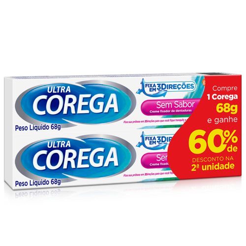 Kit Fixador de Dentaduras Corega Max Creme Sem Sabor 68/70g