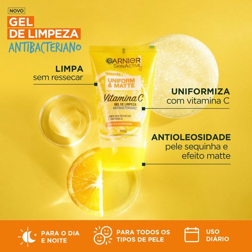 Gel de Limpeza Facial Garnier Antibacteriano Uniform & Matte Vitamina C 150ml