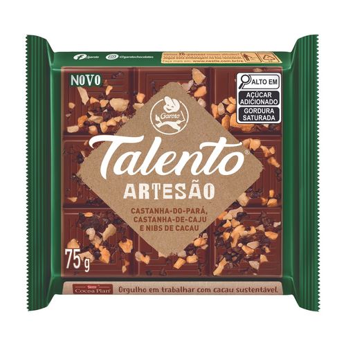 Barra de Chocolate Talento Artesao Castanha do Para, de Caju e Nibs de Cacau 75g