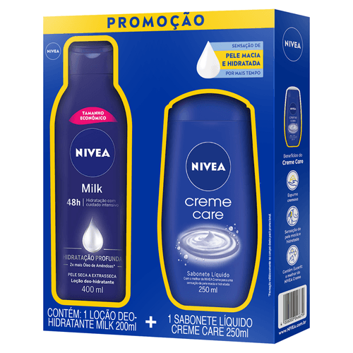 Kit Loção Corporal Deo-Hidratante Nivea Milk 200ml + Sabonete Líquido Creme Care 250ml