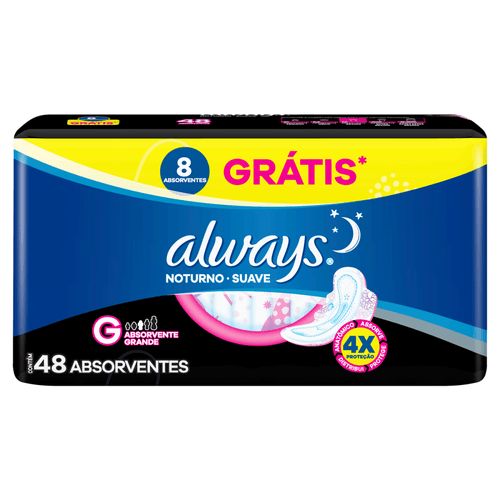 Absorvente com Abas Suave Always Noturno G Pacote 48 Unidades 8 Gratis