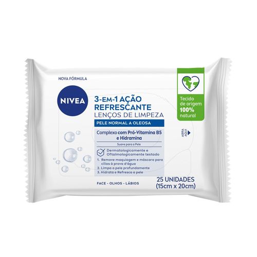 Nivea Lenço de Limpeza Demaquilante Ação Refrescante 3 em 1 25 Unidades