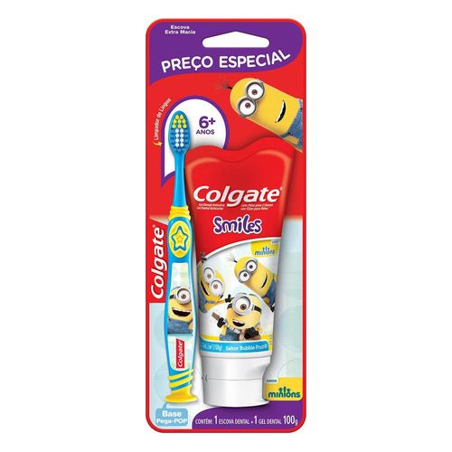 Kit Escova Dental Infantil Colgate Minions 6+ Anos + Gel Dental Smiles 100g