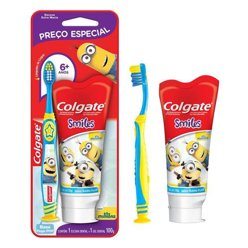 Kit Escova Dental Infantil Colgate Minions 6+ Anos + Gel Dental Smiles 100g