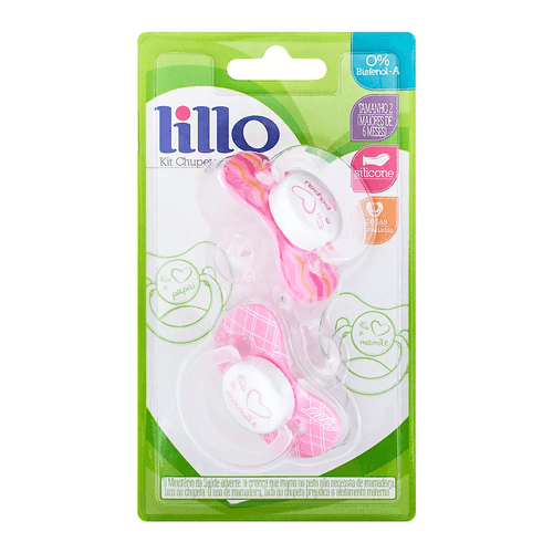 Chupeta Ortodôntica Lillo Amo Papai e Mamãe silicone rosa tamanho 2 com 2 unidades
