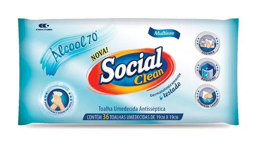 Toalha Umedecida Antisséptica Social Clean Álcool 70° com 36 Unidades