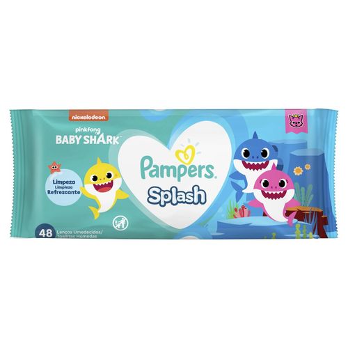 Lenço Umedecido Pampers Splashers Baby Shark com 48 Unidades