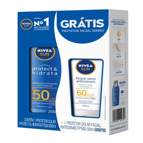 Kit Protetor Solar Nivea Sun FPS50 Protect & Hidrata 200ml + Protetor Solar Facial Diário Antissinais FPS60 50ml Grátis