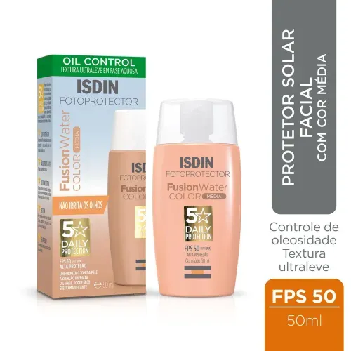 Protetor Solar Facial ISDIN Fusion Water 5 Stars Color FPS 50 Cor Média 50ml
