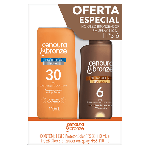 Kit Protetor Solar Cenoura e Bronze Corporal FPS30 110ml + Óleo Bronzeador FPS6 Spray 110ml