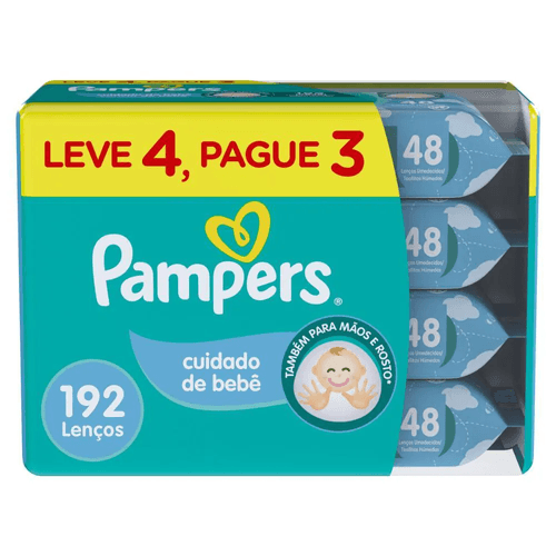 Kit Lenço Umedecido Pampers Cuidado de Bebê Leve 4 Pague 3 com 192 Unidades