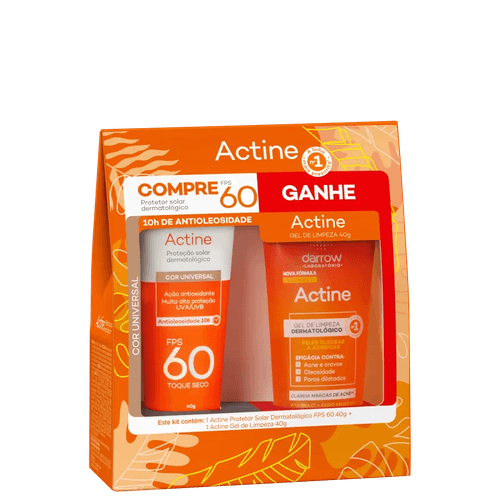 Kit Actine Protetor Solar FPS60 Antioleosidade Com Cor Universal 40g + Gel de Limpeza 40ml Grátis