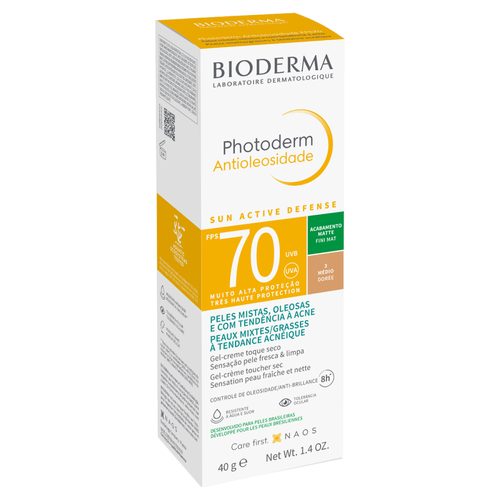 Protetor Solar Gel-Creme Toque Seco Antioleosidade com Cor 3 Medio FPS 70 Bioderma 40g