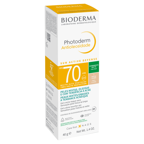 Protetor Solar Gel-Creme Toque Seco Antioleosidade com Cor 1 Muito Claro FPS 70 Bioderma 40g