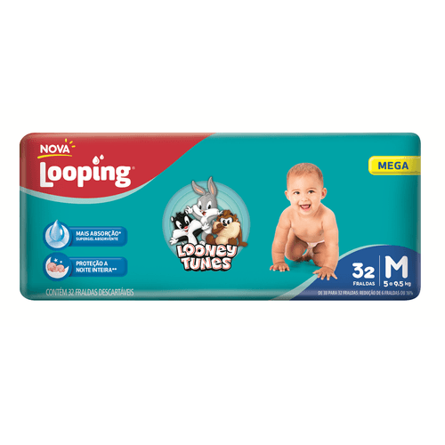 Fralda Looping Looney Tunes Mega M com 32 Unidades