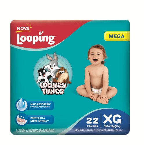 Fralda Looping Looney Tunes Mega XG com 22 Unidades