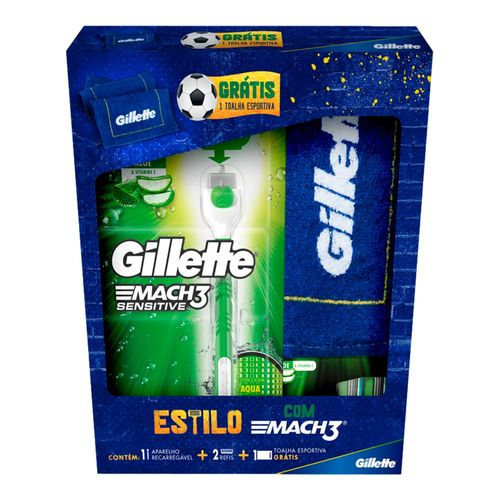 Kit Aparelho de Barbear Gillette Mach3 Sensitive com 2 Cargas + 1 Toalha Esportiva