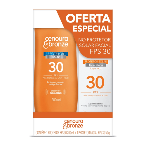 Kit Protetor Solar Cenoura & Bronze 200ml FPS30 + Protetor Solar Facial FPS30 50g Oferta Especial