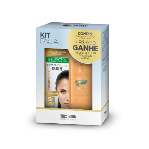 Kit Protetor Solar Facial Isdin Fusion Water FPS60 50ml + Solução Micelar Isdin 400ml