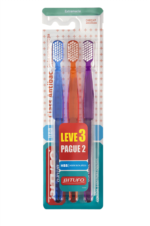 Kit Escova Dental Bitufo Class Antibac extra macia leve 3 pague 2 unidades