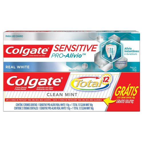 Kit Creme Dental Colgate Sensitive Pro-Alívio Real White 110g Grátis Creme Dental Total 12 90g
