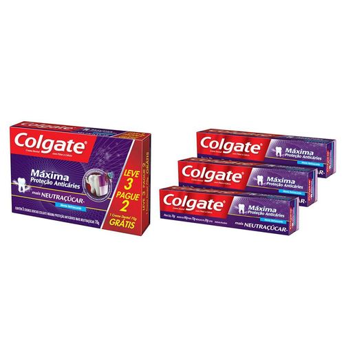 Kit Creme Dental Colgate Máxima Proteção Anticáries Mais Neutraçúcar 70g Leve 3 Pague 2 unidades