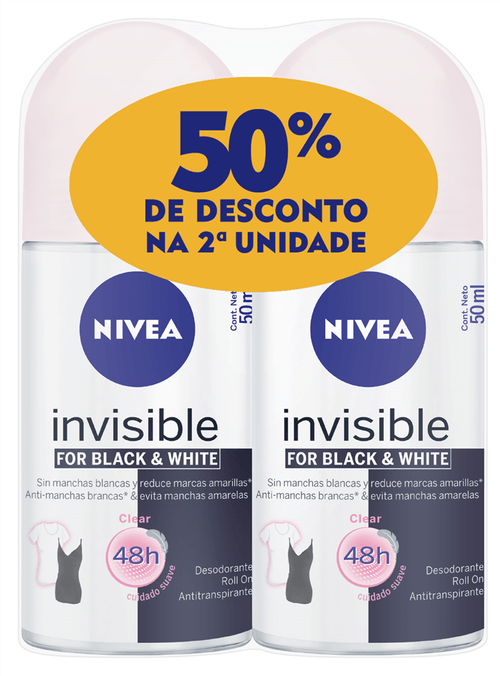 Desodorante Roll on Nivea Black&White 50ml com 2 unidades com 50% de desconto no segundo item