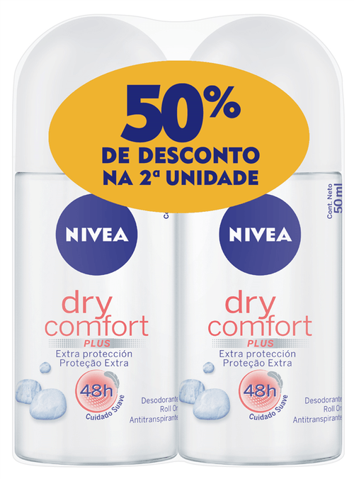 Desodorante Roll on Nivea Dry Comfort 50ml com 2 unidades com 50% de desconto no segundo item