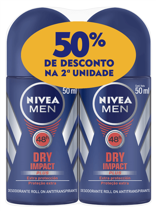 Desodorante Roll on Nivea Men Dry Impact 50ml com 2 unidades com 50% de desconto no segundo item