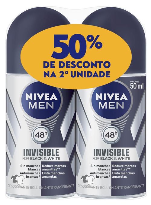 Kit Desodorante Roll on Nivea Men Black&White Invisible com 2 unidades
