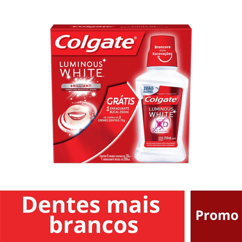 Kit Creme Dental Colgate Luminous 70g com 3 Unidades Grátis Enxaguante Bucal 250ml