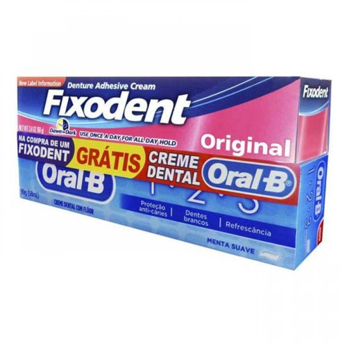 Creme Adesivo para Dentadura Fixodent 68g Grátis Creme Dental Oral-B