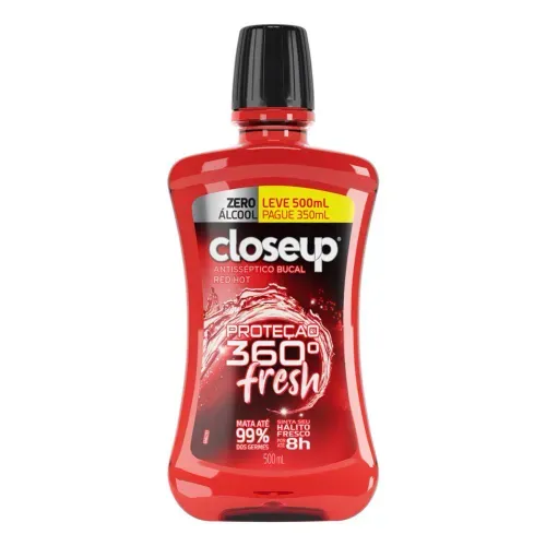Antisséptico Bucal Closeup Proteção 360° Fresh Red Hot Zero Álcool Leve 500ml Pague 350ml