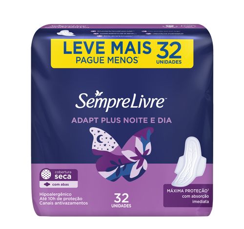 Absorvente Sempre Livre Adapt Plus Noite e Dia Seca Com Abas com 32 Unidades Leve Mais Pague Menos