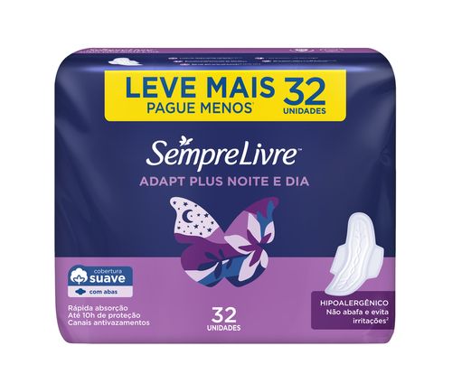 Absorvente Sempre Livre Adapt Plus Noite e Dia Suave Com Abas com 32 Unidades Leve Mais Pague Menos