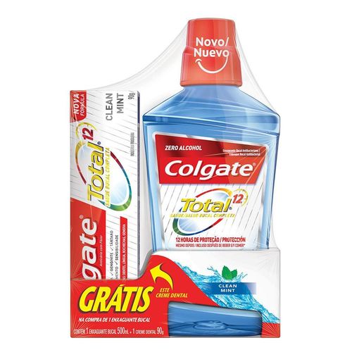 Kit Enxaguante Bucal Colgate Total 12 Clean Mint 500ml Grátis Creme Dental Total 12 90g