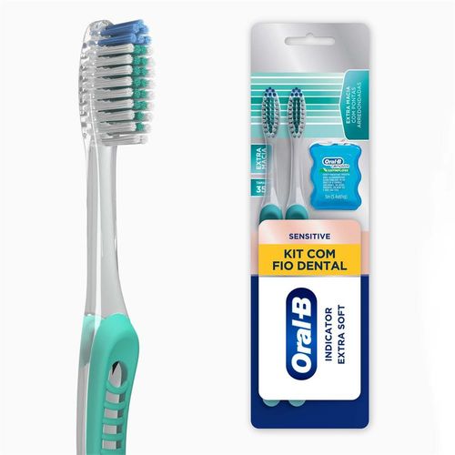 Escova Dental Oral-B Sensitive Indicator Extra Macia com 2 unidades + Fio Dental Satin Floss