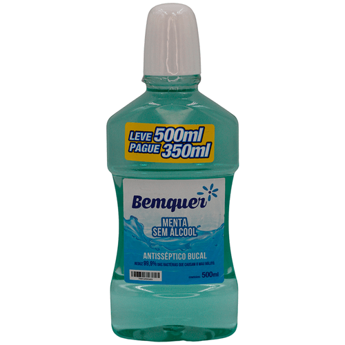 Antisséptico Bucal Bemquer Menta Sem Álcool Leve 500ml Pague 350ml