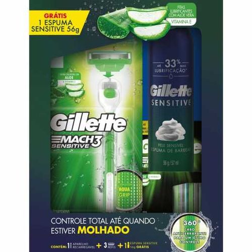 Kit Aparelho de Barbear Gillette Mach 3 Acqua Sensitive + 3 Cargas + Espuma de Barbear Sensitive 56g Grátis