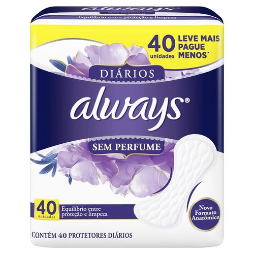 Protetor Diário Always Sem Perfume com 40 Unidades Leve Mais Pague Menos