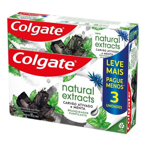 Kit Creme Dental Colgate Natural Extract Carvão Ativado e Menta C/3 90g Cada Leve Mais Pague Menos