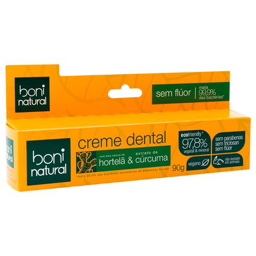 Creme Dental Boni Natural e Vegano Hortela e Curcuma 90g
