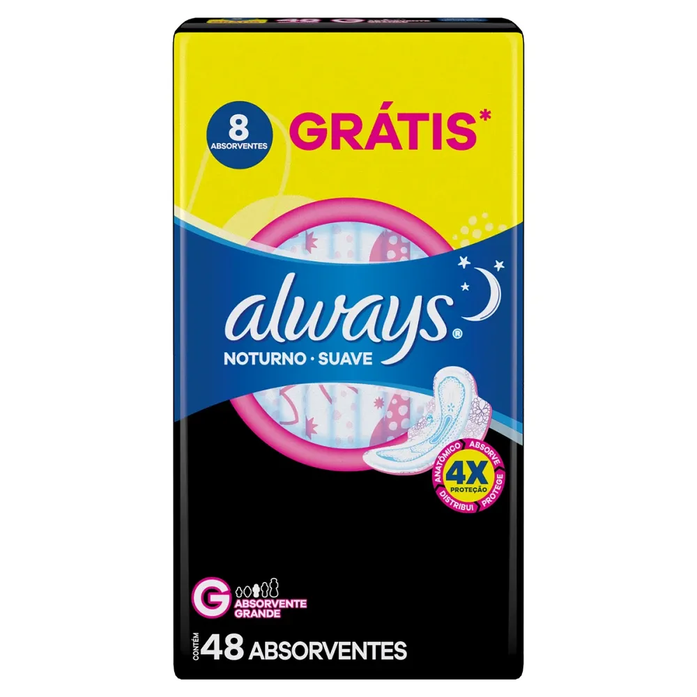 Absorvente com Abas Suave Always Noturno G Pacote 48 Unidades 8 Gratis