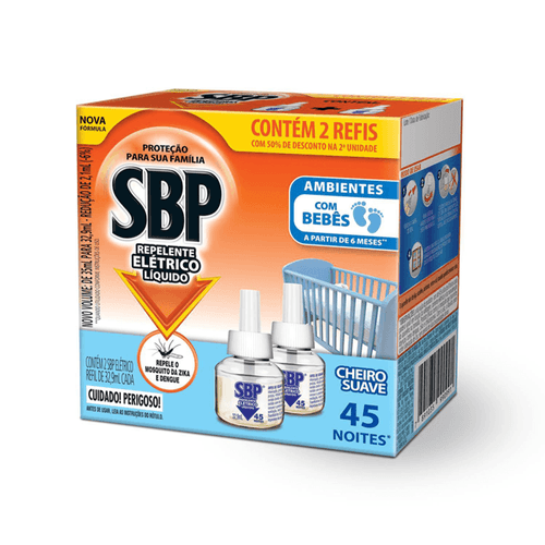 Kit Repelente Elétrico SBP com 2 Refis de 35ml e Desconto de 50% na 2ª Unidade