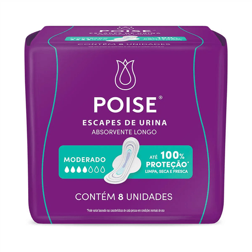 Absorvente Discreto Longo com Abas Poise com 8 Unidades